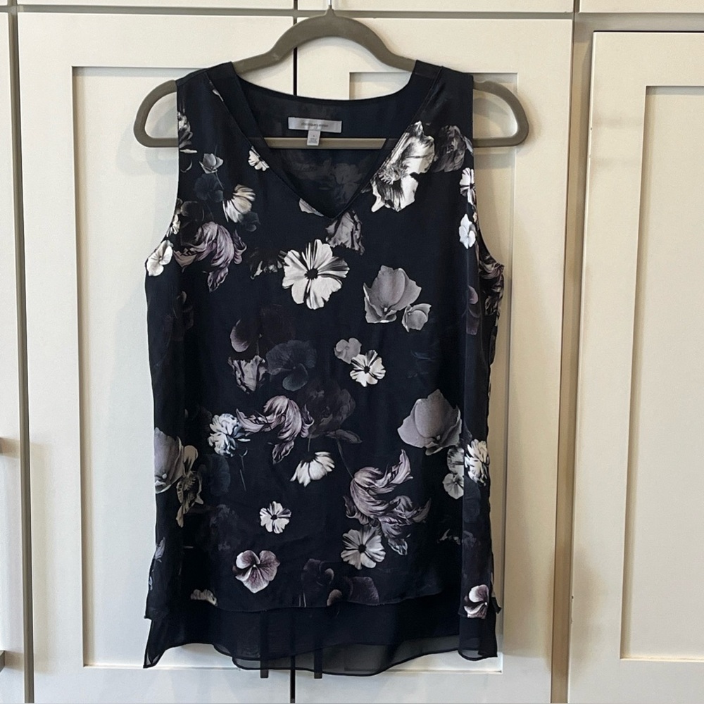 Classiques Entier Floral Sleeveless Silk Top Blouse Size Small Navy Blue